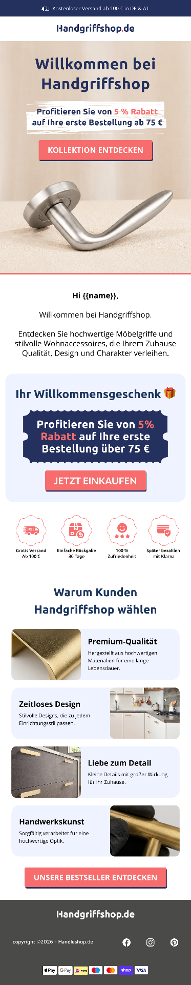 Handgriffshop welkomstmail met kortingscode